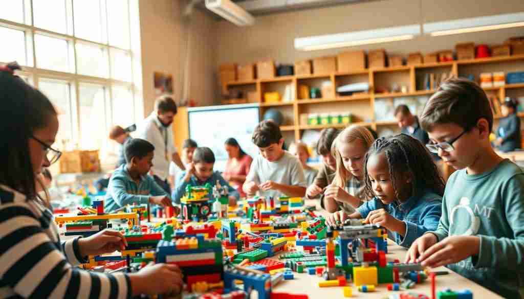 A brightly lit, modern STEM workshop filled with diverse students deeply engaged in creative LEGO® projects. In the foreground, a group of children intently building complex LEGO® structures, their faces alight with concentration and joy. In the middle ground, instructors move between the stations, offering guidance and encouragement. The background showcases an array of LEGO® bricks, tools, and educational materials, conveying a sense of boundless possibilities. Warm, natural lighting filters in through large windows, creating a warm, inviting atmosphere conducive to learning and exploration. The scene exudes a sense of dynamic creativity, collaboration, and the joy of discovery inherent in STEM-focused LEGO® workshops.