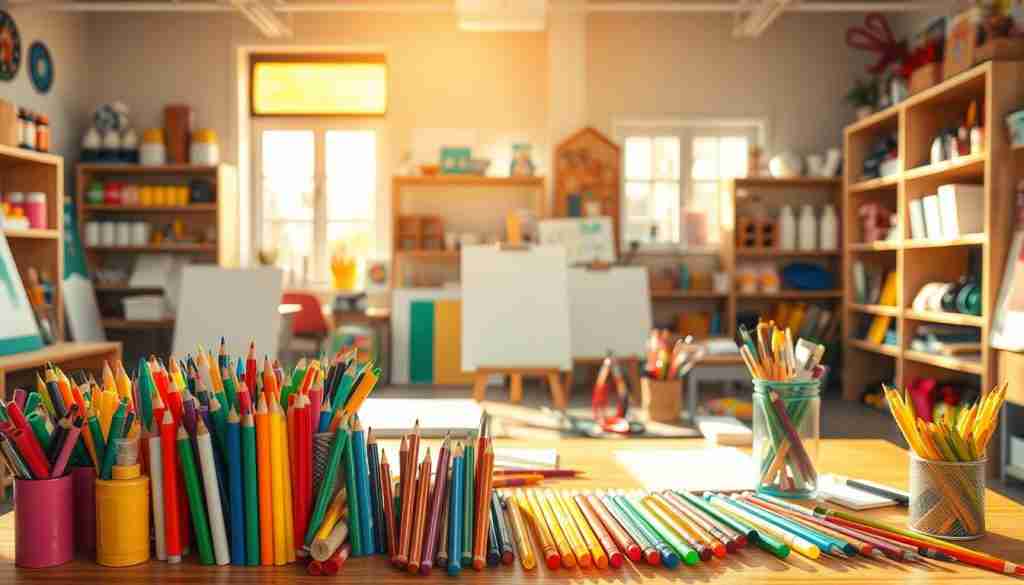 A classroom brimming with a vibrant array of art supplies, illuminated by warm, natural lighting filtering through large windows. In the foreground, an assortment of colorful markers, pencils, crayons, and paintbrushes neatly arranged on a wooden desk. In the middle ground, a group of sketchpads, canvases, and craft materials stand ready for young, creative hands. In the background, shelves filled with various paints, scissors, glue, and other essential tools for artistic expression. The atmosphere exudes a sense of curiosity, imagination, and the boundless potential of young, burgeoning artists.
