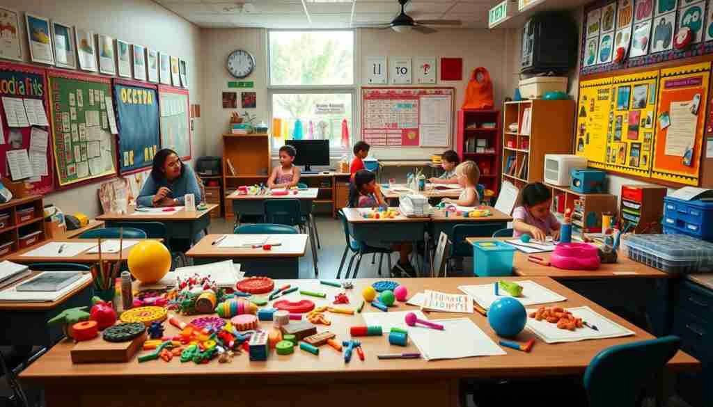 A cozy classroom with vibrant posters, colorful learning aids, and an array of sensory objects scattered across desks. A teacher's desk in the foreground, showcasing a variety of fidget toys, textured surfaces, and calming lighting. In the middle ground, students engage with various sensory stations, each offering a unique tactile, visual, or auditory experience. The background features a large window, allowing natural light to filter in, creating a warm, inviting atmosphere. The scene conveys a sense of exploration, discovery, and inclusivity, capturing the essence of "Back-to-School Sensory Strategies for Classrooms."