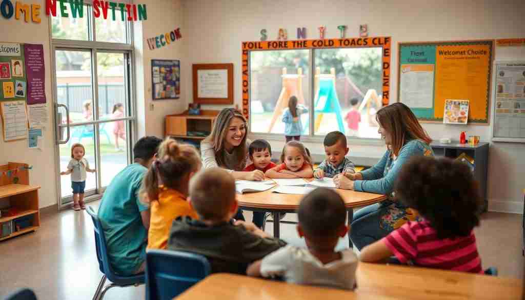 A cozy elementary school classroom, the walls lined with colorful student artwork and posters welcoming new students. In the foreground, a group of children and parents sit around a table, reviewing enrollment forms and discussing the school's transition program. The teacher, a warm and friendly presence, guides them through the process, offering reassuring smiles. Through the windows, the schoolyard is visible, with children playing on swings and slides, hinting at the vibrant community beyond. The lighting is soft and natural, creating a sense of comfort and anticipation. A lens with a shallow depth of field focuses the viewer's attention on the foreground interaction, while the background elements provide context and a sense of place.