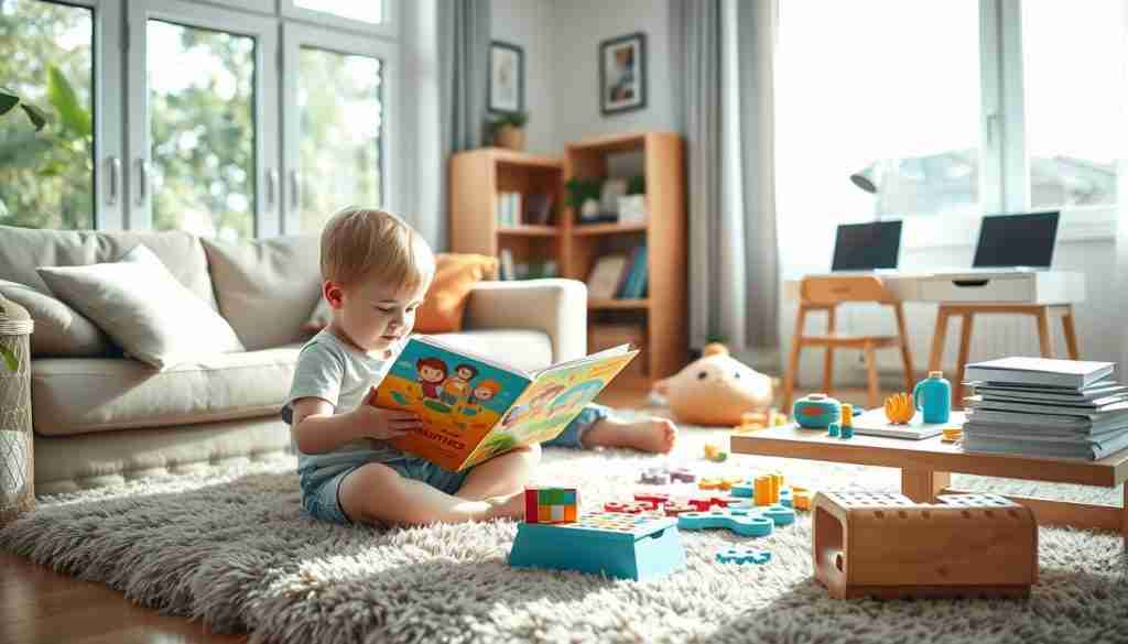 A cozy, sun-drenched living room with natural light streaming through large windows. In the foreground, a young child sits cross-legged on a plush area rug, engrossed in a brightly colored picture book. Nearby, a parent or caregiver sits on the floor, guiding the child through the pages, their faces aglow with focused attention. On the coffee table, an array of educational toys, puzzles, and learning materials are neatly arranged. In the background, a small desk with a laptop and stacks of worksheets suggests a dedicated learning space. The overall atmosphere is one of calm, engaged learning, and quality time spent nurturing a child's intellectual and emotional development.