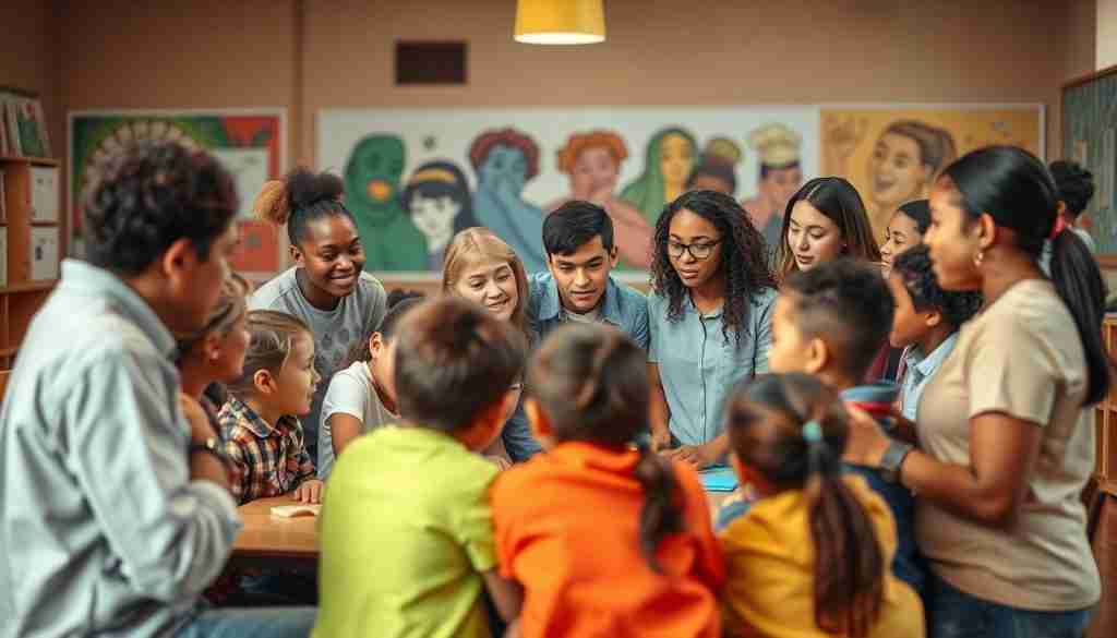 A dynamic, community-focused scene set in a warm, inviting school environment. In the foreground, a group of diverse students work collaboratively, discussing strategies to prevent bullying and support their peers. The middle ground features attentive teachers guiding the conversation, while concerned parents observe from the sides, ready to offer guidance and resources. The background showcases vibrant murals, fostering a sense of inclusivity and unity. Soft, diffused lighting creates a nurturing atmosphere, emphasizing the collective effort to empower young minds and build a safer, more compassionate community.