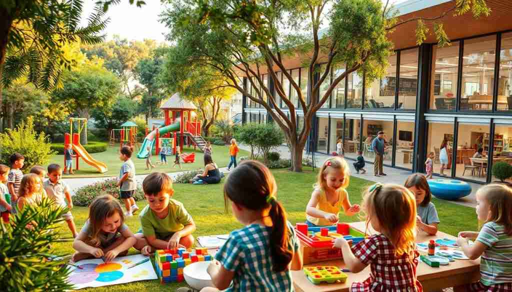 A vibrant and adventurous holiday program set in a lush, verdant outdoor setting. In the foreground, a group of children engaged in various creative activities - painting, building with colorful blocks, and playing with interactive educational toys. The middle ground features a sprawling playground with slides, swings, and climbing structures, surrounded by trees and shrubbery. In the background, a modern, well-equipped indoor facility with large windows, allowing natural light to flood the space, where additional educational and recreational opportunities await. The scene is bathed in warm, golden lighting, conveying a sense of joy, discovery, and exploration, perfectly capturing the spirit of a dynamic and enriching holiday program.