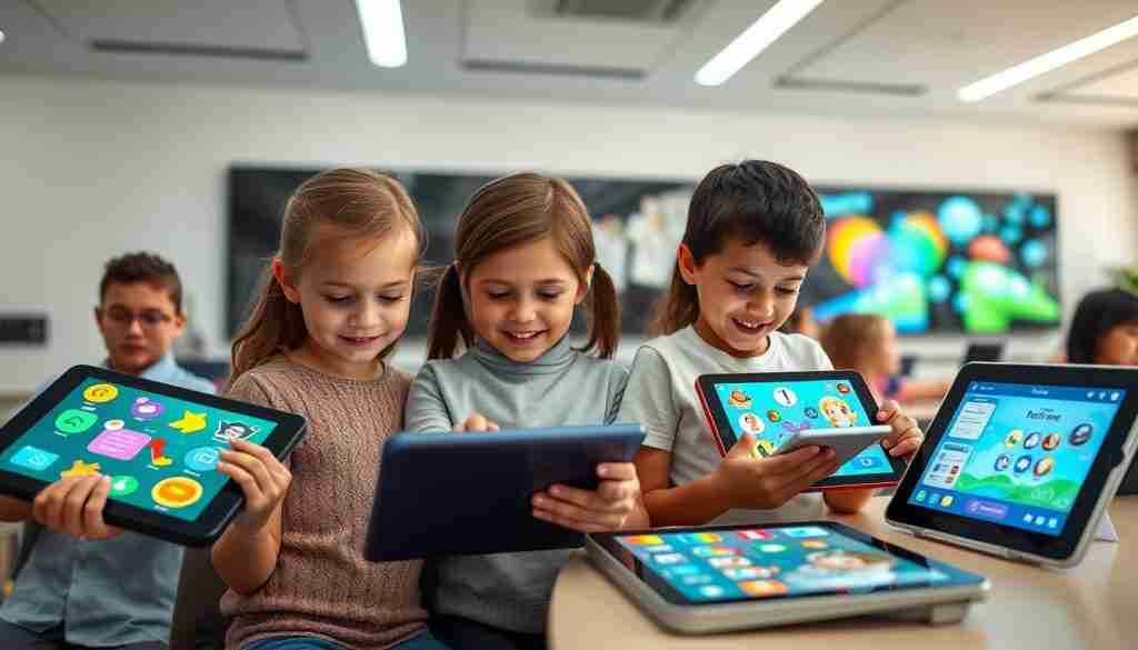 A vibrant and engaging digital learning environment for children, showcasing a diverse array of intuitive literacy tools. In the foreground, a group of young students enthusiastically interact with touchscreen tablets, their faces alight with curiosity and concentration. The middle ground features a variety of interactive educational apps, colorful icons, and gamified learning experiences. In the background, a sleek, modern classroom setting with large display screens, subtly lit to create a focused, productive atmosphere. Soft, diffused lighting illuminates the scene, highlighting the engaging and immersive nature of these cutting-edge digital literacy resources.