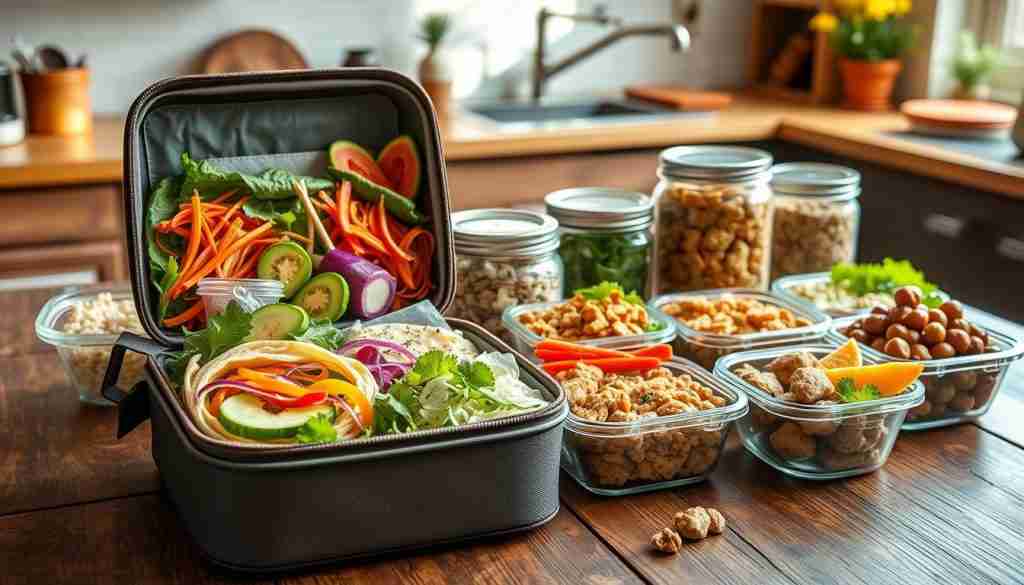 A vibrant assortment of customizable lunchbox recipes, artfully arranged on a rustic wooden table. In the foreground, an open lunchbox showcases a variety of healthy and appealing options - from colorful salads and veggie-packed wraps to hearty grain bowls and bite-sized protein snacks. The middle ground features complementary ingredients, neatly organized in glass containers, allowing for personalized mix-and-match creations. The background subtly suggests a cozy, sun-dappled kitchen, with a soft, warm lighting that enhances the appetizing nature of the dishes. The overall atmosphere is one of flexibility, nourishment, and culinary inspiration, perfect for the health-conscious individual seeking to create delicious and customizable lunchbox meals.