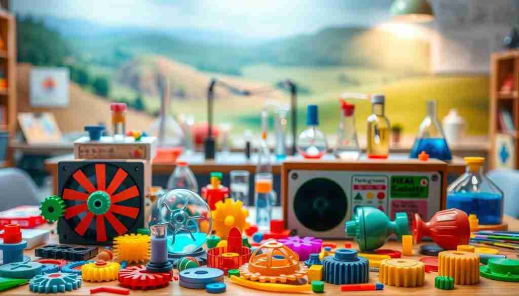 A vibrant, well-lit tabletop scene showcasing an assortment of hands-on STEM kits for children. In the foreground, an array of colorful, tactile components - gears, fans, prisms, and other interactive elements. A middle ground displaying various experiment stations, with tubes, beakers, and other scientific tools. The background features a soft, blurred landscape suggesting an educational setting, such as a classroom or a science museum. The overall atmosphere is one of exploration, curiosity, and joyful learning, encouraging young minds to engage with the sensory aspects of STEM subjects.
