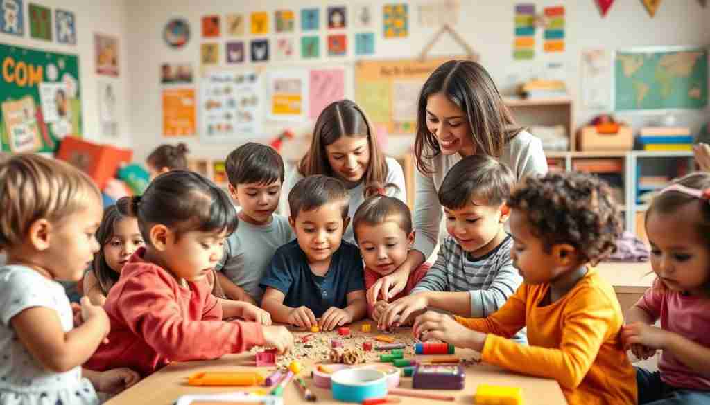 A warm, inviting classroom setting filled with a diverse group of young children engaged in various playful activities. The foreground features a group of students working together on a collaborative hands-on project, their faces filled with concentration and enthusiasm. The middle ground showcases a teacher guiding the children, offering gentle encouragement and support. In the background, a colorful array of educational materials, such as posters, books, and learning tools, create a stimulating and nurturing environment. The lighting is soft and natural, creating a sense of coziness and exploration. The overall mood is one of joyful learning, where foundational skills are being developed through engaging, age-appropriate activities. A warm, inviting classroom setting filled with a diverse group of young children engaged in various playful activities. The foreground features a group of students working together on a collaborative hands-on project, their faces filled with concentration and enthusiasm. The middle ground showcases a teacher guiding the children, offering gentle encouragement and support. In the background, a colorful array of educational materials, such as posters, books, and learning tools, create a stimulating and nurturing environment. The lighting is soft and natural, creating a sense of coziness and exploration. The overall mood is one of joyful learning, where foundational skills are being developed through engaging, age-appropriate activities.