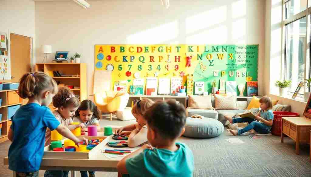 A warm, inviting kindergarten classroom filled with engaging transition activities. In the foreground, a group of children enthusiastically participate in a hands-on learning station, exploring shapes, colors, and early math concepts. The middle ground showcases a cozy reading nook with plush pillows and a selection of age-appropriate storybooks. In the background, a vibrant wall display features alphabet letters, artwork, and motivational messages to ease the transition. Soft, natural lighting filters in through large windows, creating a calming, nurturing atmosphere. The scene conveys a sense of excitement, curiosity, and a supportive environment to help young learners thrive during this important milestone.