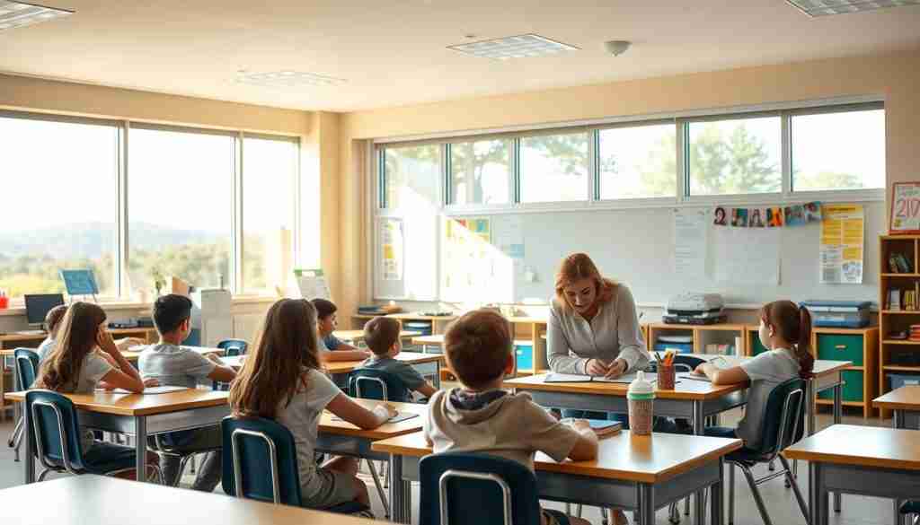 A well-lit, cheerful classroom setting with desks, chairs, and educational materials. In the foreground, a group of students receiving one-on-one attention from a supportive teacher or counselor. The middle ground features an array of learning aids, such as whiteboards, educational posters, and educational technology. The background showcases a calming, natural landscape visible through large windows, creating a sense of warmth and serenity. The overall atmosphere conveys a nurturing, collaborative environment that fosters academic growth and personal development.