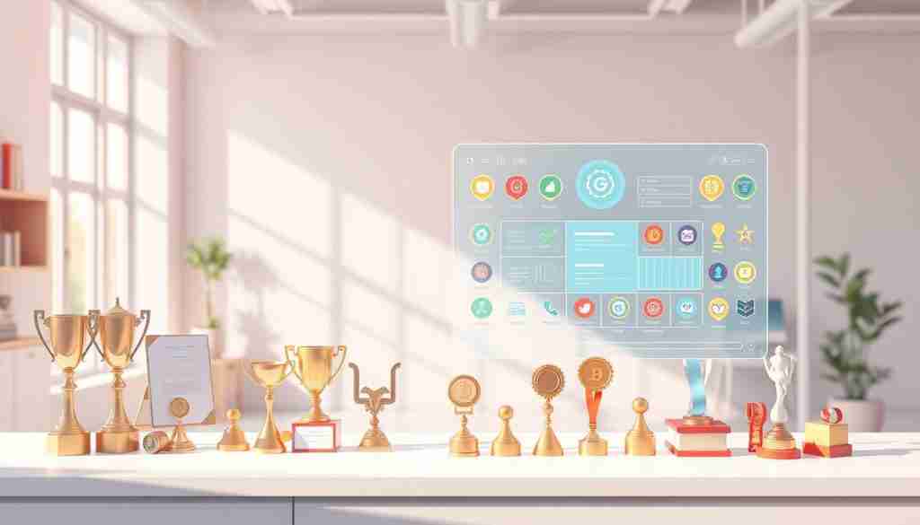 A well-lit, highly detailed digital illustration showcasing a variety of reward system examples. In the foreground, an array of physical rewards such as trophies, certificates, and medals are neatly displayed on a minimalist table or shelf. In the middle ground, a collection of digital rewards like badges, points, and leaderboards are presented on a sleek, holographic interface. The background depicts a serene, pastel-toned office or study space, with natural lighting filtering in through large windows. The overall composition conveys a sense of organization, productivity, and the effective implementation of various reward structures to motivate and engage the viewer.